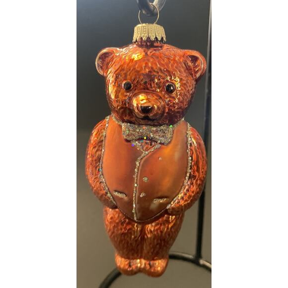Vintage Lauscha Glas Creation Bear Christmas Ornament Blown Glass Orange Vest - Picture 3 of 8